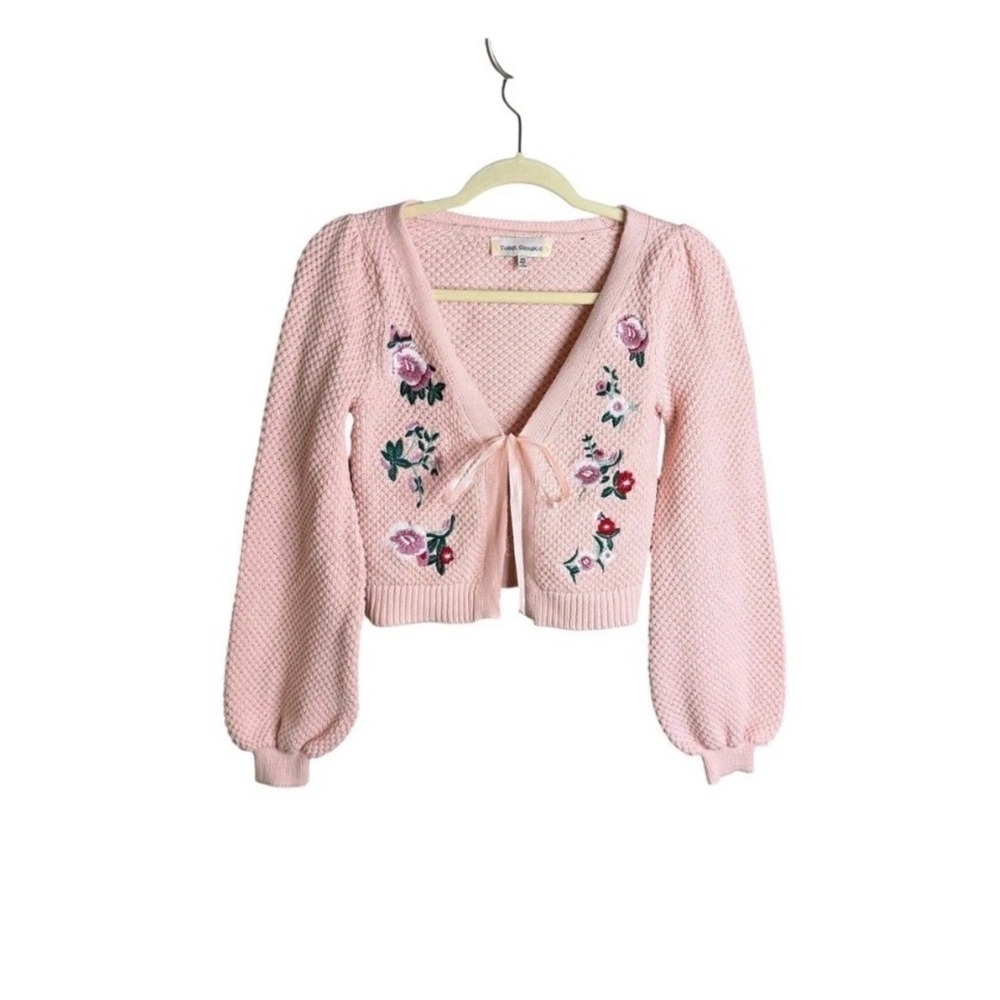 Sweet Republic Pink Floral Embroidered Tie Front Cardigan Puff Sleeve Small